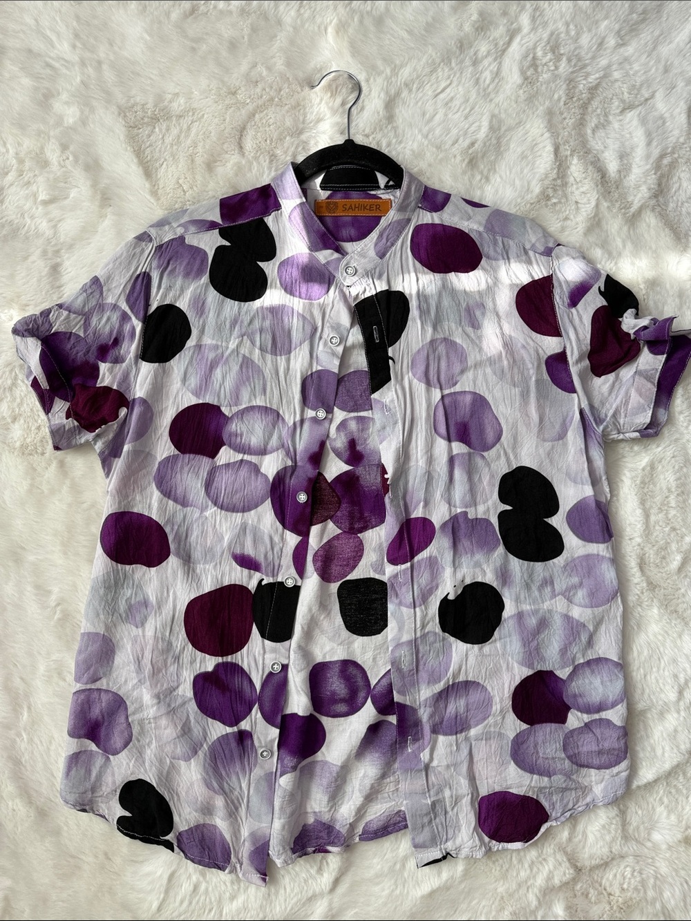 Men's Short-Sleeve Button-Down Shirt in Purple & Black Dot Print